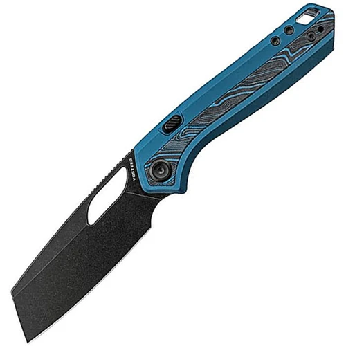 VOSA1811 4.38" (11.13cm) closed. 3.25" (8.26cm) black stonewash finish flat ground S35VN stainless sheepsfoot blade. Blue aluminum handle with Topo G10 inlay. Thumb pull. Lanyard hole. Pocket clip. Black nylon zippered storage case.