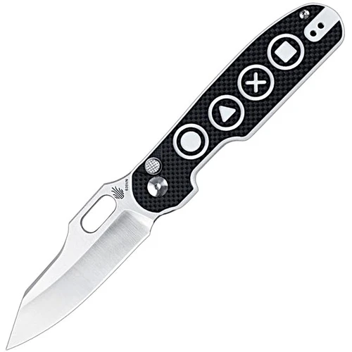 KI4562A3 4.13" (10.49cm) closed. 3.25" (8.26cm) satin finish S35VN stainless blade. Black and white G10 handle. Thumb pull. Pocket clip. Symbols on handle. Black nylon pouch.