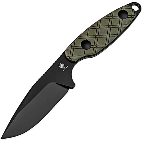 KI1064A1 6.13" (15.57cm) overall. 3.13" (7.95cm) black PVD coated D2 tool steel clip point blade. Green G10 handle. Lanyard hole. Full, extended tang. Argyle pattern handle. Black Kydex neck sheath.