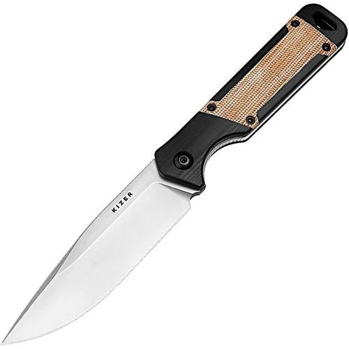 KI1067A2 8.13" (20.65cm) overall. 4" (10.16cm) bead blast finish Nitro V steel blade. Black G10 handle with natural micarta inlay. Full tang. Lanyard hole. Black Kydex belt sheath.