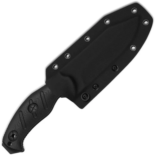 KI1105A3 10.63" (27cm) overall. 5.25" (13.34cm) black coated 1095HC steel clip point blade. Black G10 handle. Full, extended tang. Lanyard hole. Black Kydex belt sheath.
