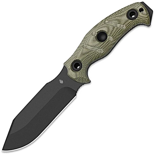 KI1105A4 10.63" (27cm) overall. 5.25" (13.34cm) black coated 1095HC steel clip point blade. Green micarta handle. Full, extended tang. Lanyard hole. Black Kydex belt sheath.