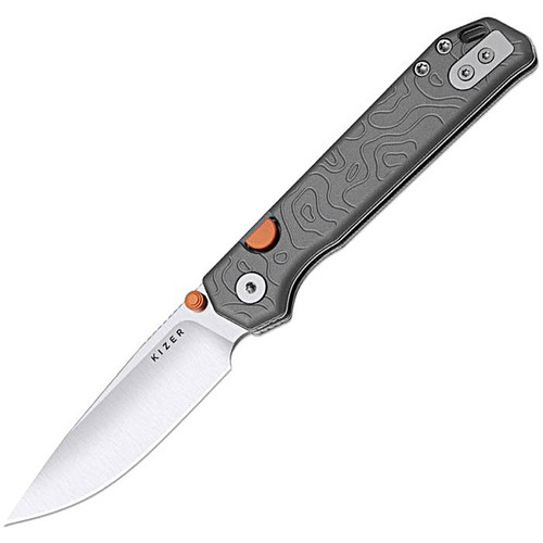 KI34582BDA1 4.13" (10.49cm) closed. 2.9" (7.37cm) satin finish S35VN stainless drop point blade. Gray aluminum handle. Lanyard hole. Thumb stud. Pocket clip. Topographic handle artwork.