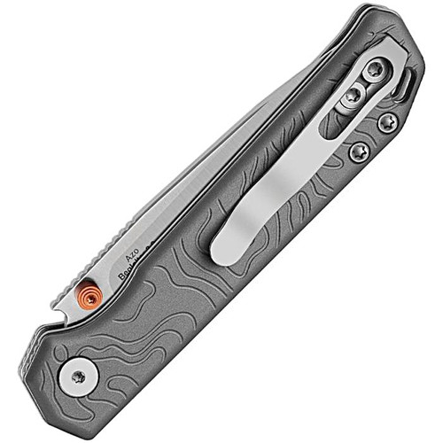 KI34582BDA1 4.13" (10.49cm) closed. 2.9" (7.37cm) satin finish S35VN stainless drop point blade. Gray aluminum handle. Lanyard hole. Thumb stud. Pocket clip. Topographic handle artwork.