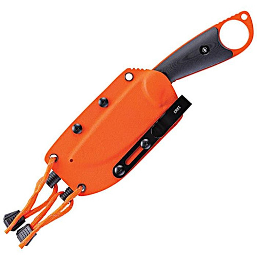 CR2062 8" (20.32cm) overall. 3.5" (8.89cm) orange ceramic coated 14C28N Sandvik stainless drop point blade. Black GRN handle. Full, extended tang. Finger ring. Fire steel and ceramic sharpening rod in sheath. Orange thermoplastic belt sheath.