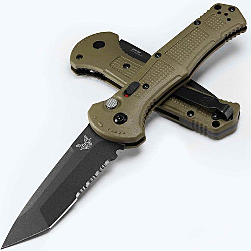 9071SBK-03 Claymore AUTO Folding Knife 3.6" 154CM Cobalt Black Plain Combo Tanto Blade, Ranger Green Grivory Handle