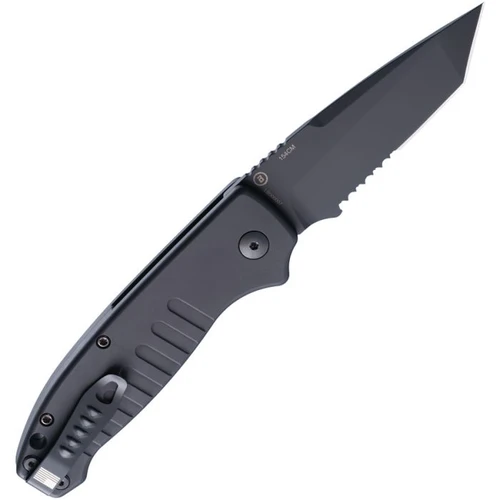 HO64120 Auto Ballista I Button Lock Black Cerakote Partially Serrated 154CM Tanto Blade, Black Aluminum Handle