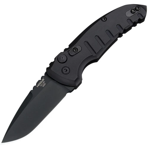 HO24116 Auto A01 Microswitch Button Automatic opening. 3.88" (9.86cm) closed. 2.75" (6.99cm) black Cerakote finish CPM-154 stainless drop point blade. Black anodized aluminum handle. Pocket clip. Manual safety.