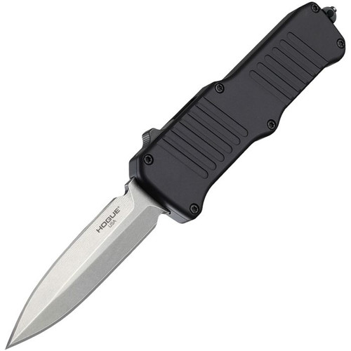 HO54070 Automatic opening. 5" (12.7cm) closed. 3.13" (7.95cm) stonewash finish double edge 154CM stainless dagger blade. Black aluminum handle. Glass breaker. Pocket clip.