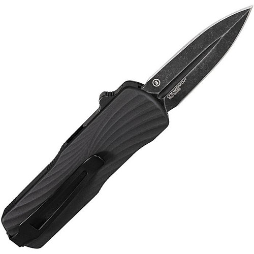 HO34706 Automatic opening. 3" (7.62cm) closed. 2" (5.08cm) black stonewash finish double edge CPM MagnaCut stainless dagger blade. Black sculpted polymer handle. Pocket clip.