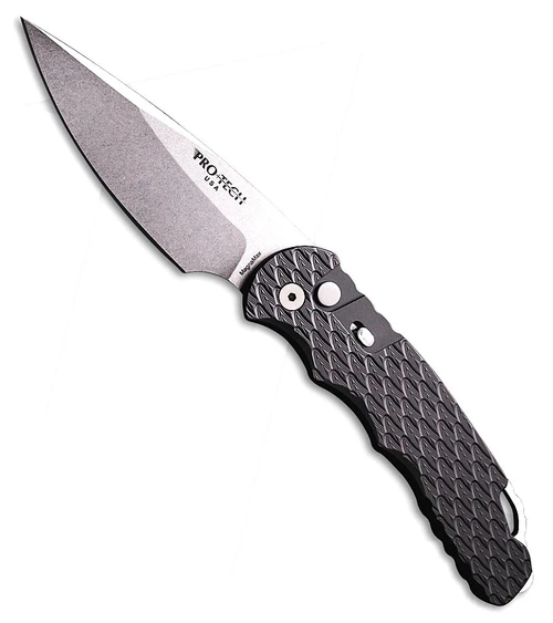 Pro-Tech TR-4 Tactical Response 4 Automatic Knife 4" MagnaMax Stonewashed Drop Point Blade, Black Feather Texture Aluminum Handle