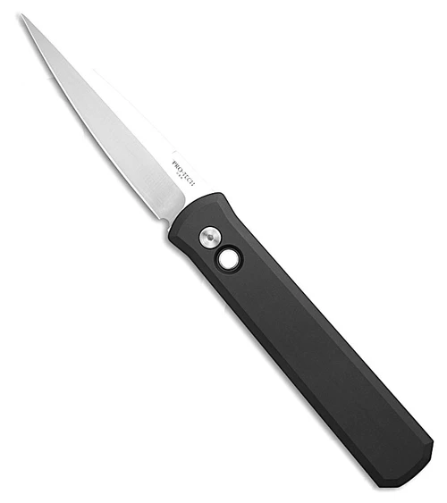 Pro-Tech Godfather Automatic Knife 4" Stonewash 154CM Spear-Point Blade, Black Aluminum Handle, Pearl Push Button