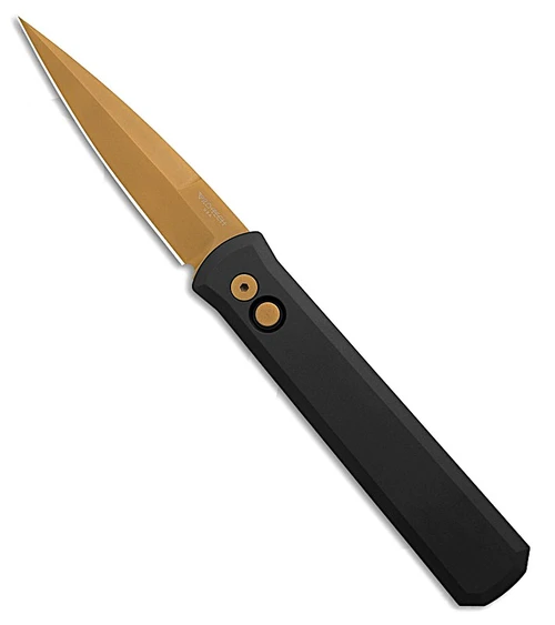 Pro-Tech Automatic Knife Black Aluminum Handle, 4.00" Tan PVD 154CM Spear-Point Blade