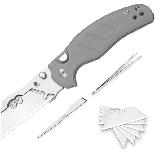 KIV348829JSA1 4.13" (10.49cm) closed. 2.88" (7.32cm) 5Cr15MoV stainless blade. Gray G10 handle. Pocket clip. Tweezers and toothpick in handle. Snap-in blade system. Comes with six replaceable blades. Satin finish blade holder.