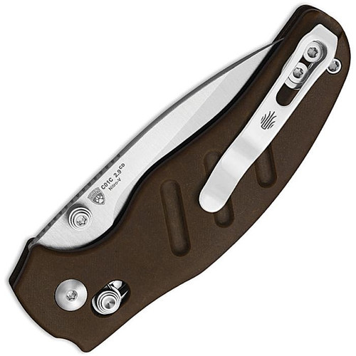 KIV348829CDA1 4.13" (10.49cm) closed. 2.95" (7.49cm) satin finish Nitro V steel drop point blade. Brown Norplex UltreX micarta handle. Thumb stud. Pocket clip.