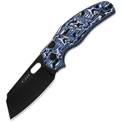 KIV348829BSA1 4.13" (10.49cm) closed. 2.95" (7.49cm) black PVD coated Nitro V steel sheepsfoot blade. Black and blue micarta handle. Thumb pull. Pocket clip.