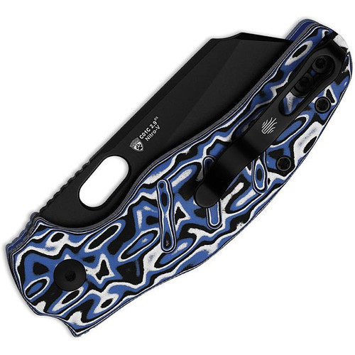 KIV348829BSA1 4.13" (10.49cm) closed. 2.95" (7.49cm) black PVD coated Nitro V steel sheepsfoot blade. Black and blue micarta handle. Thumb pull. Pocket clip.