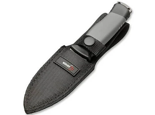 BOP02BO004 8" overall. 3.75" titanium coated 12C27 Sandvik stainless blade. Black TPR handle. Full, extended tang. Lanyard hole. Black Cordura belt sheath.