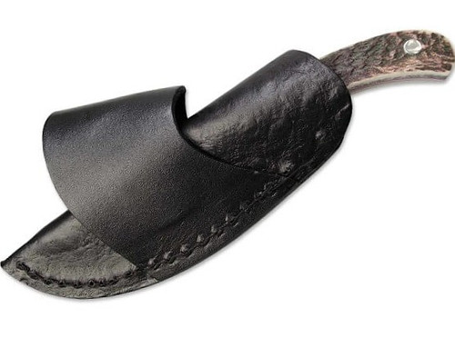 BOP02BO515 6.38" (16.21cm) overall. 6.38" (16.21cm) closed. 2.88" (7.32cm) 440C stainless upswept blade. Stag bone handle. Full tang. Sewn-in magnet in sheath to enable quick draw carry. Leather belt sheath.