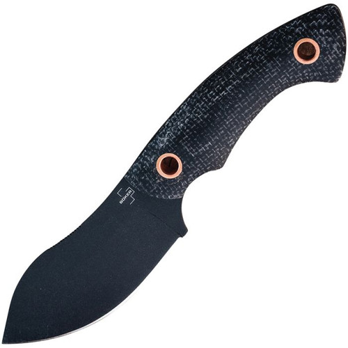 BOP02BO066 6.13" (15.57cm) overall. 2.75" (6.99cm) black stonewash finish D2 tool steel blade. Black canvas micarta handle. Full tang. Lanyard hole. Copper rivets. Black leather belt sheath. Designed by Jesper Voxnaes.