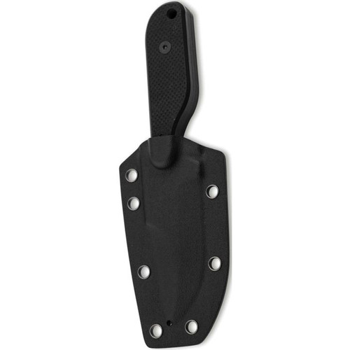 BOP02BP0001 7.13" (18.11cm) overall. 3.38" (8.59cm) black finish 1095HC steel blade. Black G10 handle. Full tang. Lanyard hole. Black Kydex belt sheath.