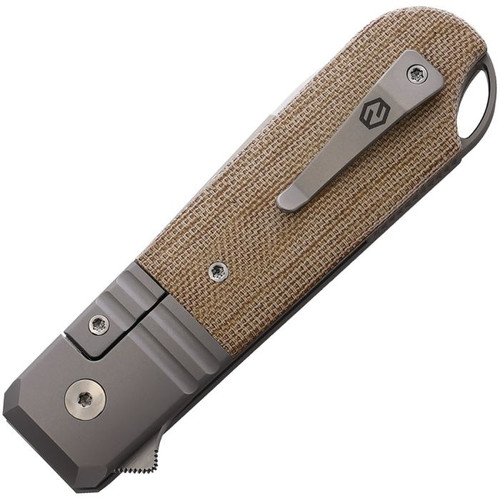 KARB100 4.13" (10.49cm) closed. 3.13" (7.95cm) satin finish Bohler M390 stainless spear point blade. With natural micarta inlay. Extended tang. Lanyard hole. Pocket clip. Inlay shield. Gray titanium frame with integral shield. Made by Reate. Gift tin.