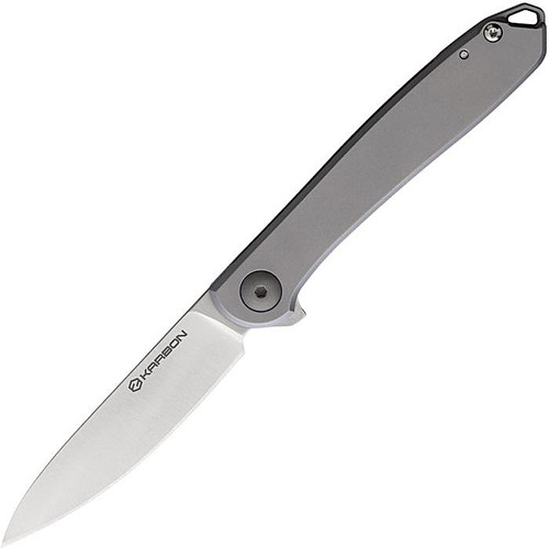 KARB105 4" (10.16cm) closed. 3" (7.62cm) satin finish Bohler N690 stainless blade. Bead blast finish stainless handle. Extended tang. Pocket clip. Lanyard hole. Made by Cuttway in Taiwan. Designed by Ken Onion. Gift tin.