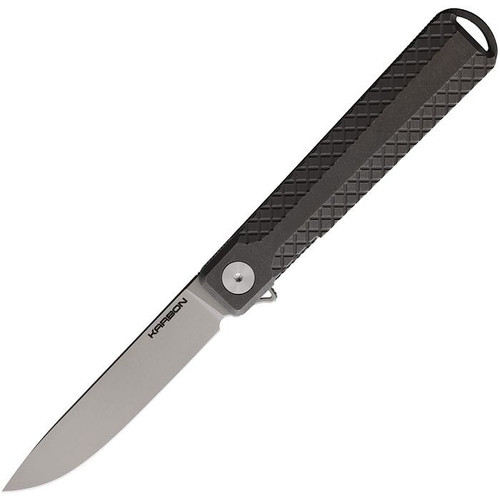 KARB110 4.25" (10.8cm) closed. 3.25" (8.26cm) satin finish CPM-20CV stainless blade. Stonewash finish titanium handle. Extended tang. Lanyard hole. Pocket clip. Made by We Knife Co Ltd. Designed by Ken Onion. Gift tin.