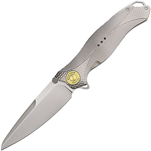 KARB118 4.75" (12.07cm) closed. 3.75" (9.53cm) satin finish S35VN stainless blade. Gray 6Al-4V titanium handle. Extended tang. Lanyard hole. Pocket clip. Thumb stud. Made by Ketuo in USA. Collaboration of the Year winner at 2024 Blade Show. Designed by Ken Onion.