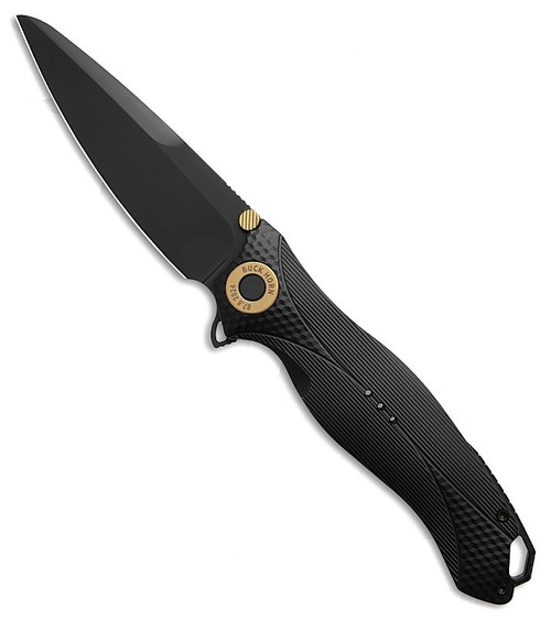 KARB120 4.75" (12.07cm) closed. 3.75" (9.53cm) bead blast finish Sandvik 14C28N stainless blade. Black textured aluminum handle. Extended tang. Lanyard hole. Pocket clip. Thumb stud.