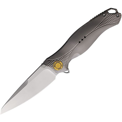 KARB123 4.25" (10.8cm) closed. 3.25" (8.26cm) bead blast finish Bohler M390 stainless blade. Gray sculpted titanium handle. Thumb stud. Lanyard hole. Pocket clip. Designed by Ken Onion.