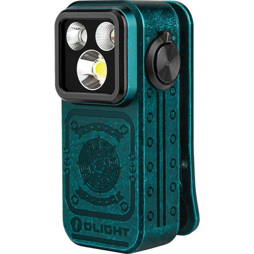 OLTOCLIPPROSSA Dimensions: 2.25" x 1.1". SOS strobe. Strobe. Water resistant. Impact resistant. Clip. Rechargeable. Side switch operation. White and red LEDs. USB-C charging. 120m beam distance. Modes: Floodlight-Turbo (500-300-100 lumens, 1+50+30m runtime); High (300-180-100 lumens, 1+100+10m runtime); Medium (100 lumens, 3.5h runtime); Low (10 lumens, 27h runtime); Moon (1 lumen, 144h runtime); Spotlight-Turbo (380-240-85 lumens, 1+50+30m runtime); High (240-150-85 lumens, 1+100+10m runtime); Medium (85 lumens, 3.5h runtime); Low (9 lumens, 27h runtime); Moon (1 lumen, 144h runtime); Red (40 lumens). Glass lens. Requires (1) Lithium battery (included). Aluminum construction. Color: Sunken Artifact.