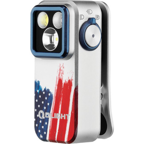 OLTOCLIPPROSTAR Dimensions: 2.25" x 1.1". SOS strobe. Strobe. Water resistant. Impact resistant. Clip. Rechargeable. Side switch operation. White and red LEDs. USB-C charging. 120m beam distance. Modes: Floodlight-Turbo (500-300-100 lumens, 1+50+30m runtime); High (300-180-100 lumens, 1+100+10m runtime); Medium (100 lumens, 3.5h runtime); Low (10 lumens, 27h runtime); Moon (1 lumen, 144h runtime); Spotlight-Turbo (380-240-85 lumens, 1+50+30m runtime); High (240-150-85 lumens, 1+100+10m runtime); Medium (85 lumens, 3.5h runtime); Low (9 lumens, 27h runtime); Moon (1 lumen, 144h runtime); Red (40 lumens). Glass lens. Requires (1) Lithium battery (included). Aluminum construction. Color: Stars and stripes.