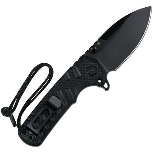 J1966BBK 5" (12.7cm) closed. 3.75" (9.53cm) black PVD coated D2 tool steel drop point blade. Black G10 handle. Extended tang. Thumb stud. Lanyard hole. Pocket clip.