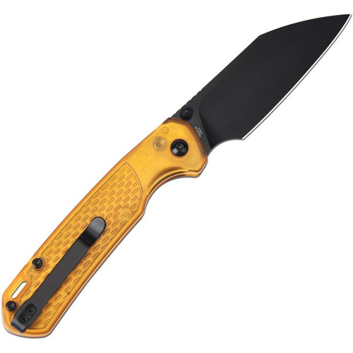 J1945AMB 4.25" (10.8cm) closed. 3.25" (8.26cm) black PVD coated AR-RPM9 stainless blade. Amber FRN handle. Thumb stud. Lanyard hole. Pocket clip.