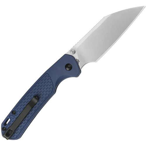 J1945BU 4.25" (10.8cm) closed. 3.38" (8.59cm) stonewash finish AR-RPM9 stainless Wharncliffe blade. Blue textured FRN handle. Thumb stud. Lanyard hole. Pocket clip.