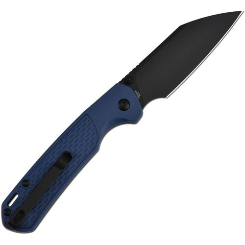 J1945BBU 4.25" (10.8cm) closed. 3.38" (8.59cm) black PVD coated AR-RPM9 stainless Wharncliffe blade. Blue textured FRN handle. Thumb stud. Lanyard hole. Pocket clip.