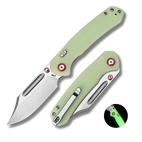 J1942XGD Bowie Pyrite Thumb Stud & Top Liner Lock Folding Knife G10(Glow In the Dark) Handle (3.35'' AR-RPM9 Steel Stone Wash Blade)