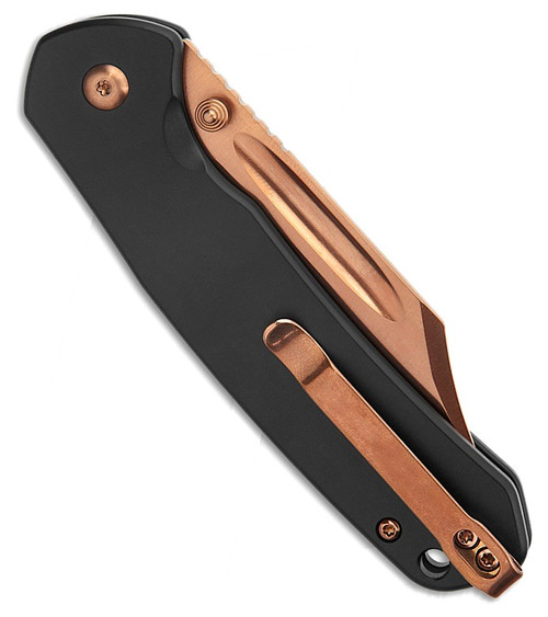 J1942RG 4.25" (10.8cm) closed. 3.13" (7.95cm) rose TiNi coated AR-RPM9 stainless clip point blade. Black steel handle. Thumb stud. Lanyard hole. Pocket clip.