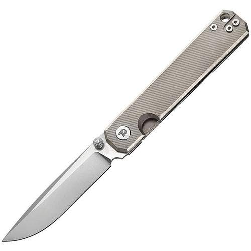 DTK4193TG 4" (10.16cm) closed. 3.13" (7.95cm) satin finish D2 tool steel drop point blade. Gray titanium handle. Thumb stud. Lanyard hole. Pocket clip.