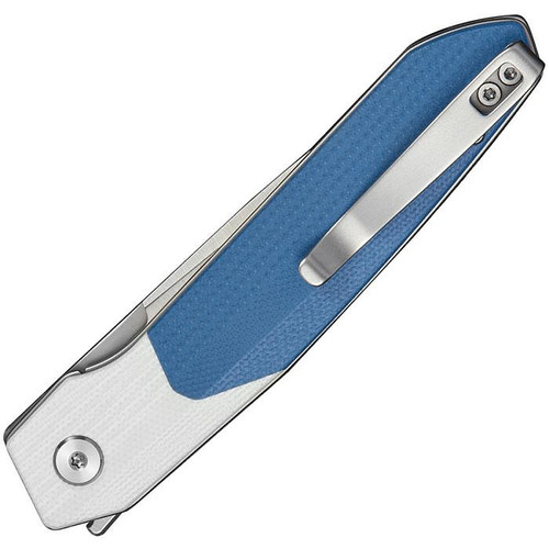 CIVC250631 4.38" (11.13cm) closed. 3.25" (8.26cm) satin finish Nitro V steel drop point blade. Blue and white G10 handle. Extended tang. Pocket clip. Black nylon zippered storage case.