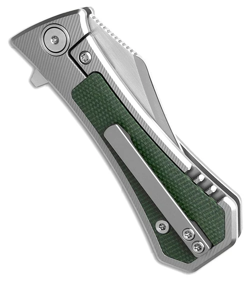 AUX002MGN 3.75" (9.53cm) closed. 2.75" (6.99cm) satin finish Bohler M390 stainless bowie blade. Gray titanium handle with Green canvas micarta inlay. Extended tang. Pocket clip.