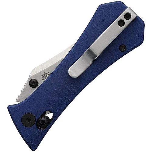 AUX004BLU 3.75" (9.53cm) closed. 2.75" (6.99cm) stonewash finish 14C28N Sandvik stainless bowie blade. Blue canvas micarta handle. Thumb stud. Pocket clip. Red G10 backspacer.