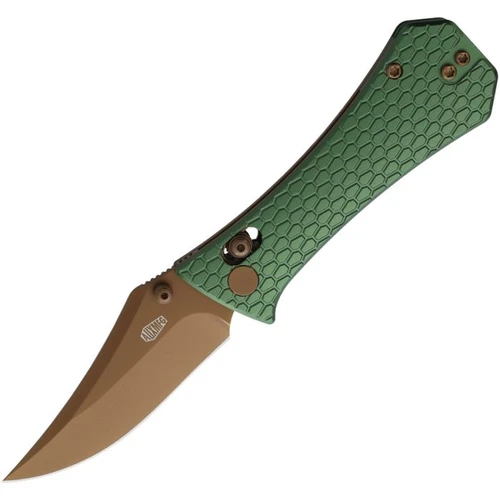 AUX009GRN 3.75" (9.53cm) closed. 2.75" (6.99cm) gold PVD coated 14C28N Sandvik stainless bowie blade. Green aluminum handle. Thumb stud. Pocket clip.