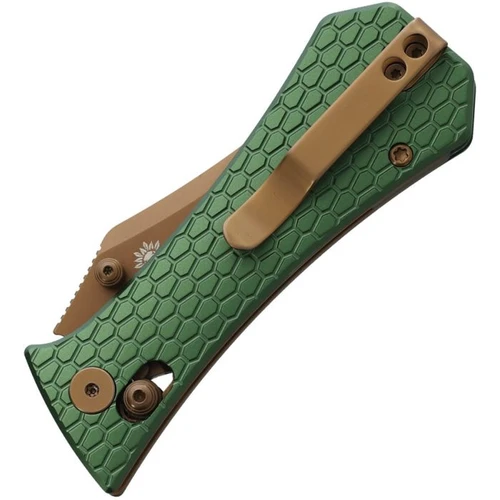 AUX009GRN 3.75" (9.53cm) closed. 2.75" (6.99cm) gold PVD coated 14C28N Sandvik stainless bowie blade. Green aluminum handle. Thumb stud. Pocket clip.
