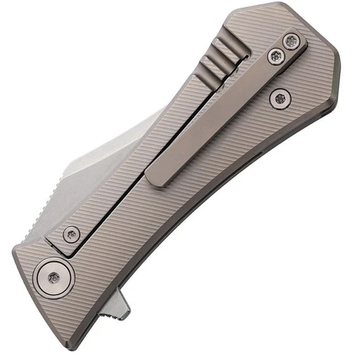 AUX002TIBW 3.75" (9.53cm) closed. 2.75" (6.99cm) stonewash finish Bohler M390 stainless clip point blade. Gray textured titanium handle. Extended tang. Pocket clip.