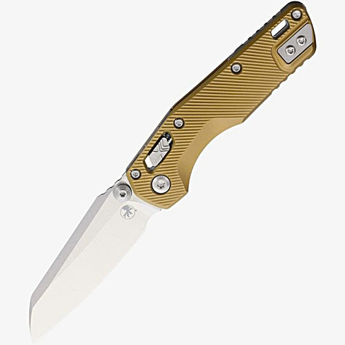 MCT210M10FLTA 4.25" (10.8cm) closed. 3.25" (8.26cm) stonewash finish Bohler M390MK stainless sheepsfoot blade. Tan fluted aluminum handle. Pocket clip. Lanyard hole. Thumb stud.