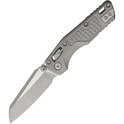 MCT210M10APFRNC 4.25" (10.8cm) closed. 3.25" (8.26cm) Apocalyptic finish Bohler M390MK stainless sheepsfoot blade. Gray frag pattern aluminum handle. Pocket clip. Lanyard hole. Thumb stud.