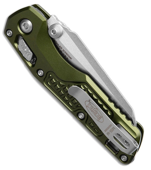 MCT210M10FROD 4.25" (10.8cm) closed. 3.25" (8.26cm) stonewash finish Bohler M390MK stainless sheepsfoot blade. OD green frag pattern aluminum handle. Pocket clip. Lanyard hole. Thumb stud.
