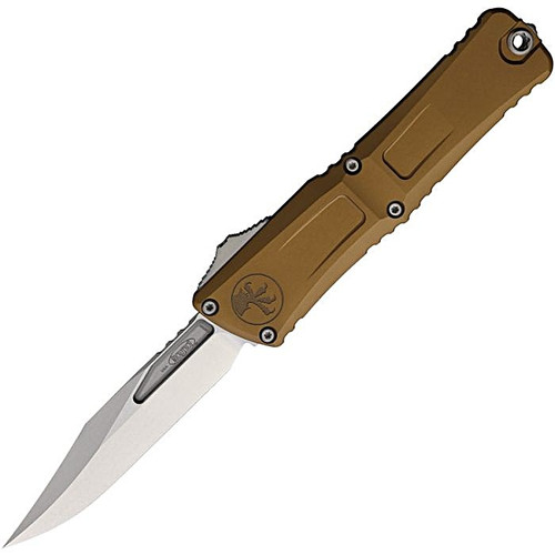 MCT114610TA Automatic opening. 5.5" (13.97cm) closed. 4" (10.16cm) stonewash finish Bohler M390MK stainless bowie blade. Tan aluminum handle. Pocket clip. Lanyard hole. Glass breaker.